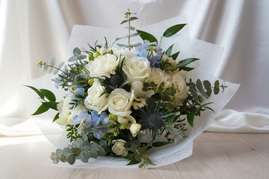 White with blue hand tied