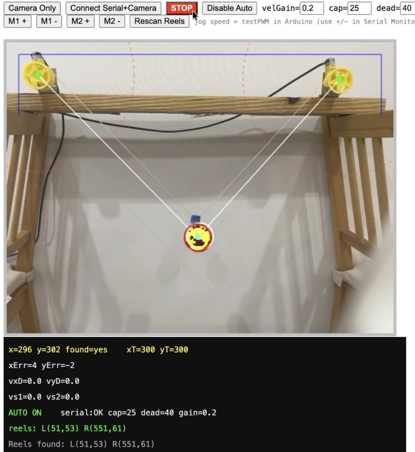 Vision-controlled suspended ball settled at a selected image target