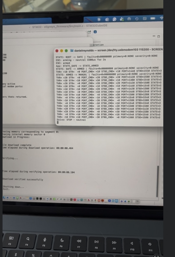 STM32 serial terminal showing boot, safe, armed, manual command and mixed thruster output states