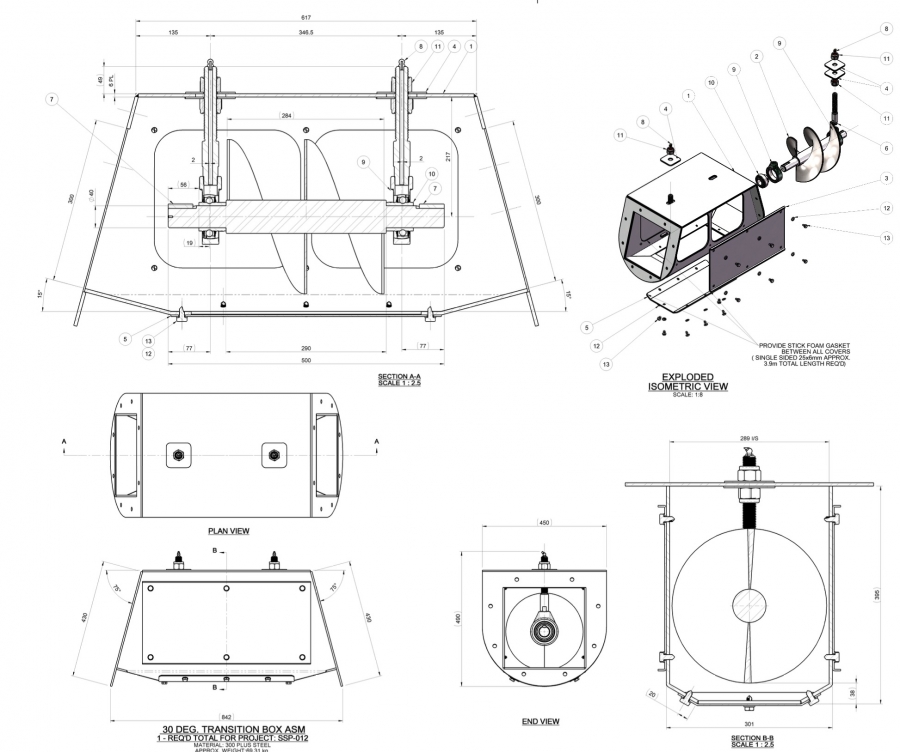 Engineering drawing showing the fabricated transition box, exploded laser-cut plate arrangement and internal auger assembly