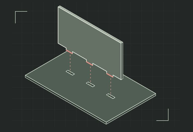 Illustrative exploded sheet-metal joint: three equal tabs aligned above three matching through-slots.