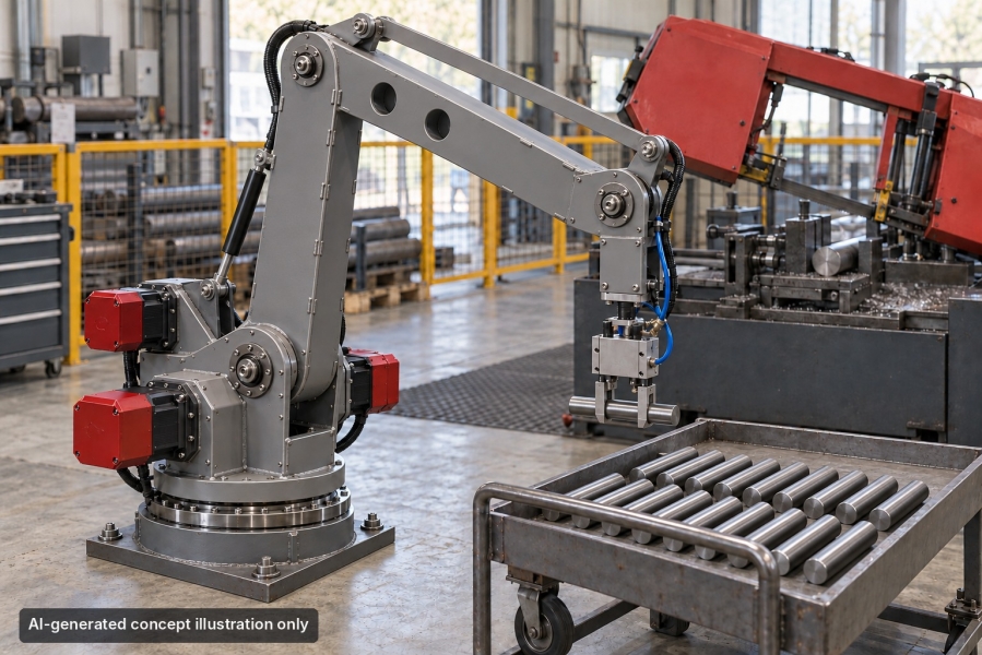 AI-generated concept of a fabricated palletising arm holding a cut steel bar above a trolley beside a red bandsaw.